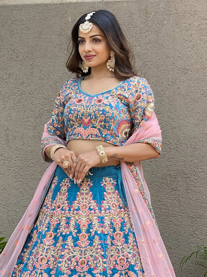 Attractive Blue Embroidered Velvet Wedding Wear Lehenga Choli - Zeel Clothing