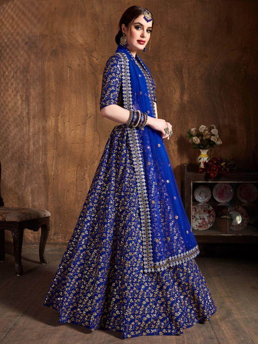 Attractive Blue Sequins Embroidered Raw Silk Wedding Lehenga Choli - Zeel Clothing