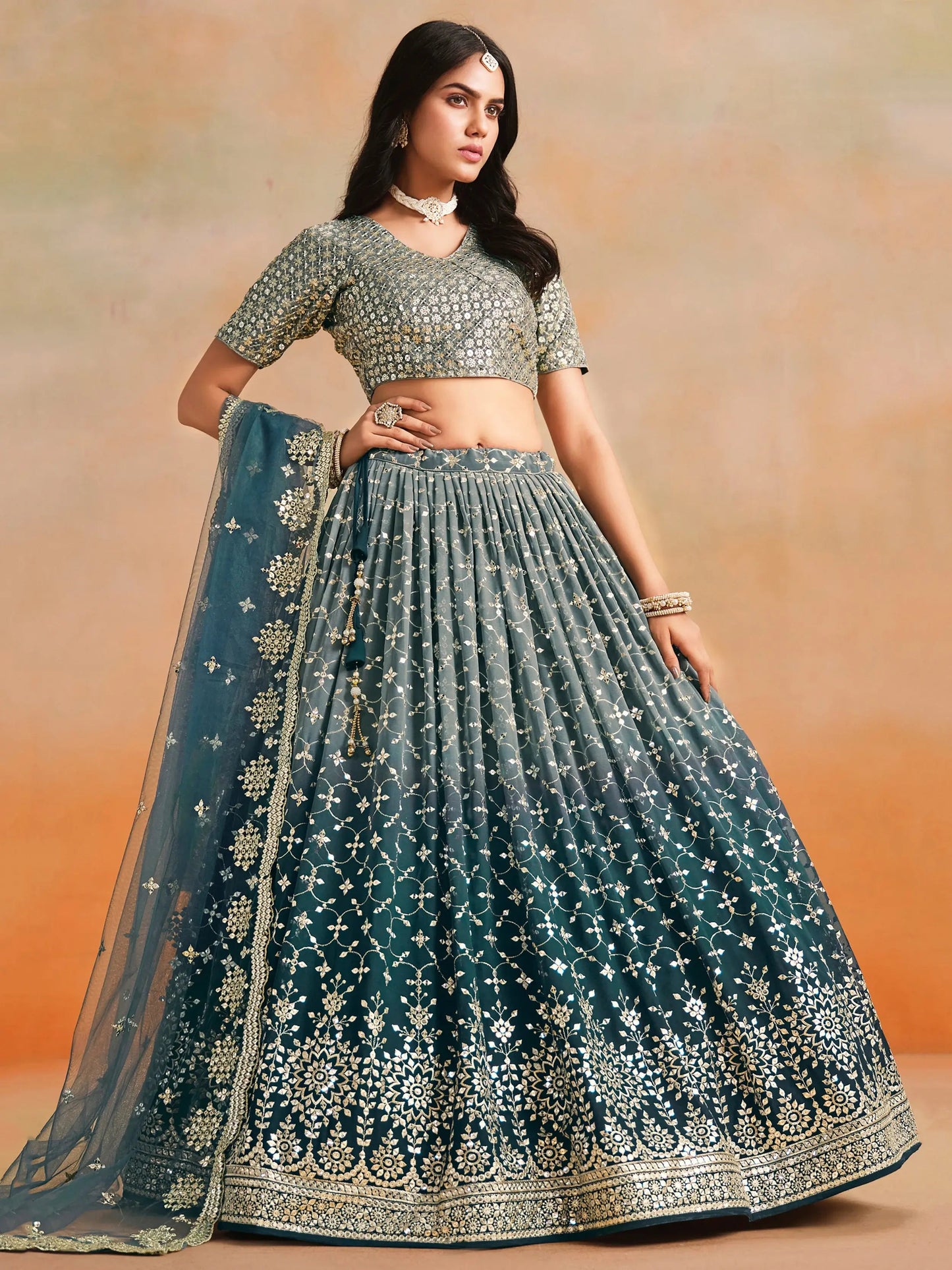 Attractive Dove Blue Zari Embroidered Shaded Lehenga Choli - Zeel Clothing