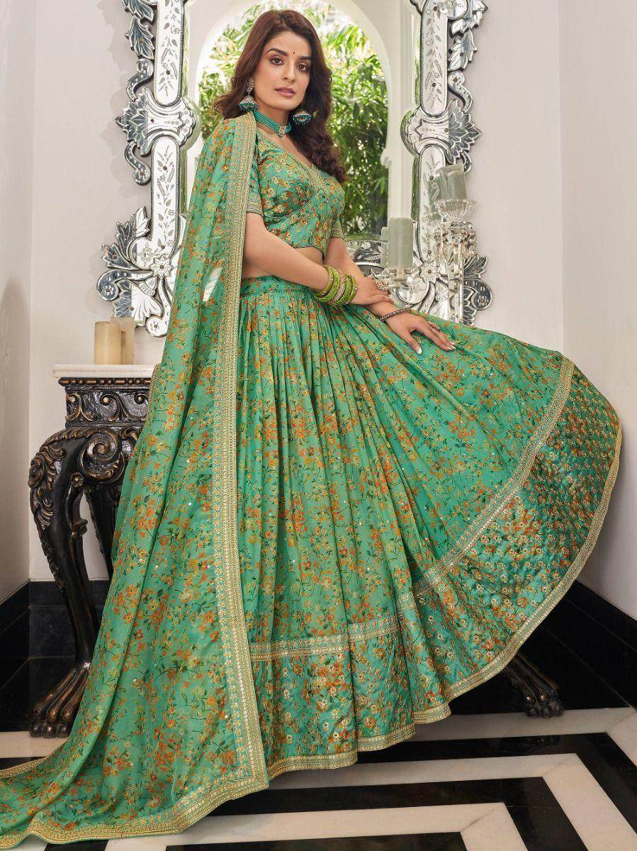 Attractive Green Floral Printed Organza Mehendi Wear Lehenga Choli - Zeel Clothing