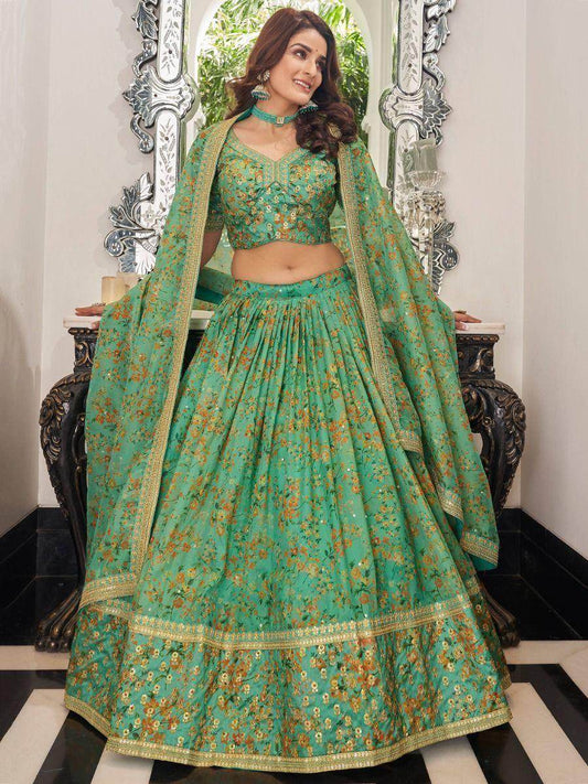 Attractive Green Floral Printed Organza Mehendi Wear Lehenga Choli - Zeel Clothing