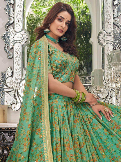 Attractive Green Floral Printed Organza Mehendi Wear Lehenga Choli - Zeel Clothing