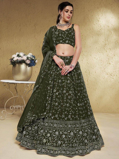 Attractive Green Sequins Georgette Lehenga Choli With Dupatta - Zeel Clothing