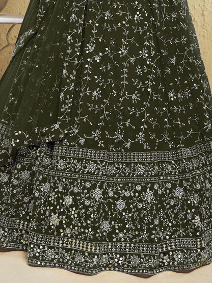 Attractive Green Sequins Georgette Lehenga Choli With Dupatta - Zeel Clothing