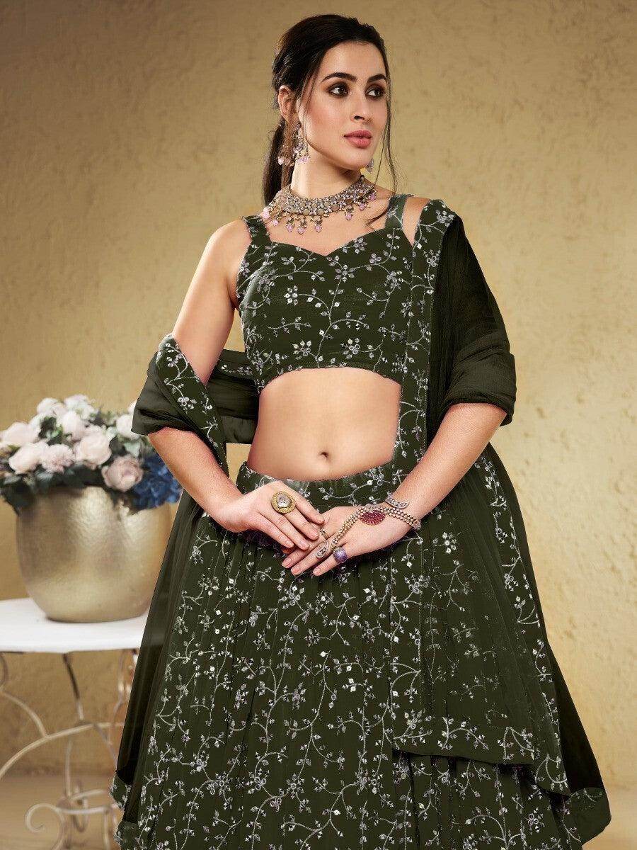 Attractive Green Sequins Georgette Lehenga Choli With Dupatta - Zeel Clothing