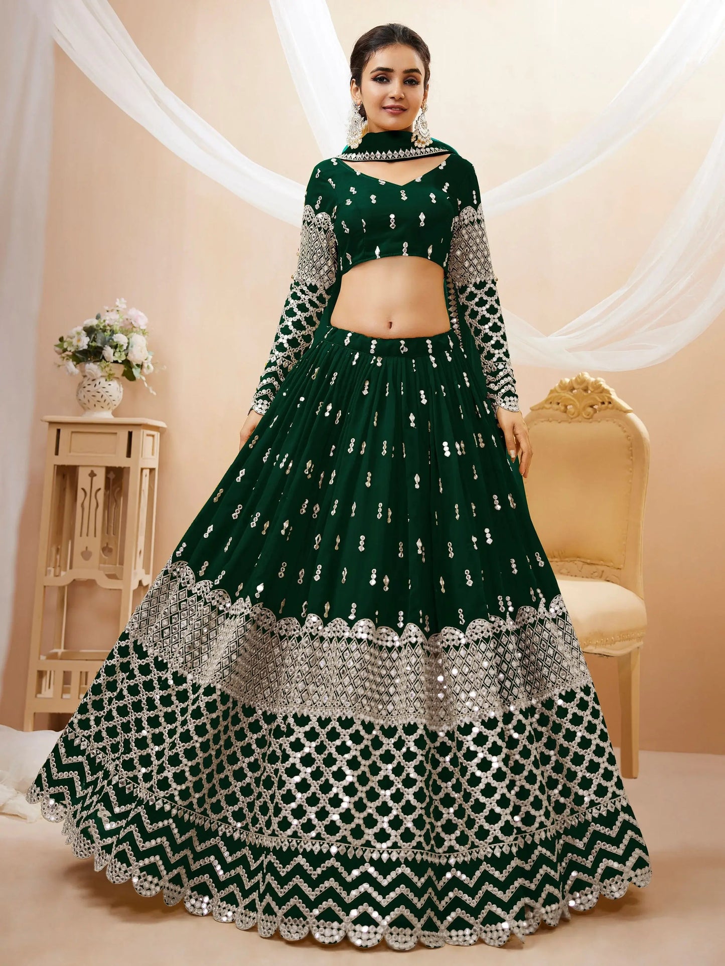 Attractive Green Sequins Georgette Mehendi Wear Lehenga Choli - Zeel Clothing