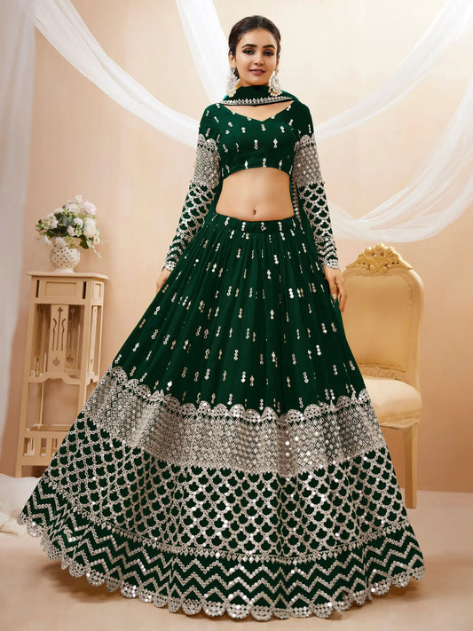 Attractive Green Sequins Georgette Mehendi Wear Lehenga Choli - Zeel Clothing