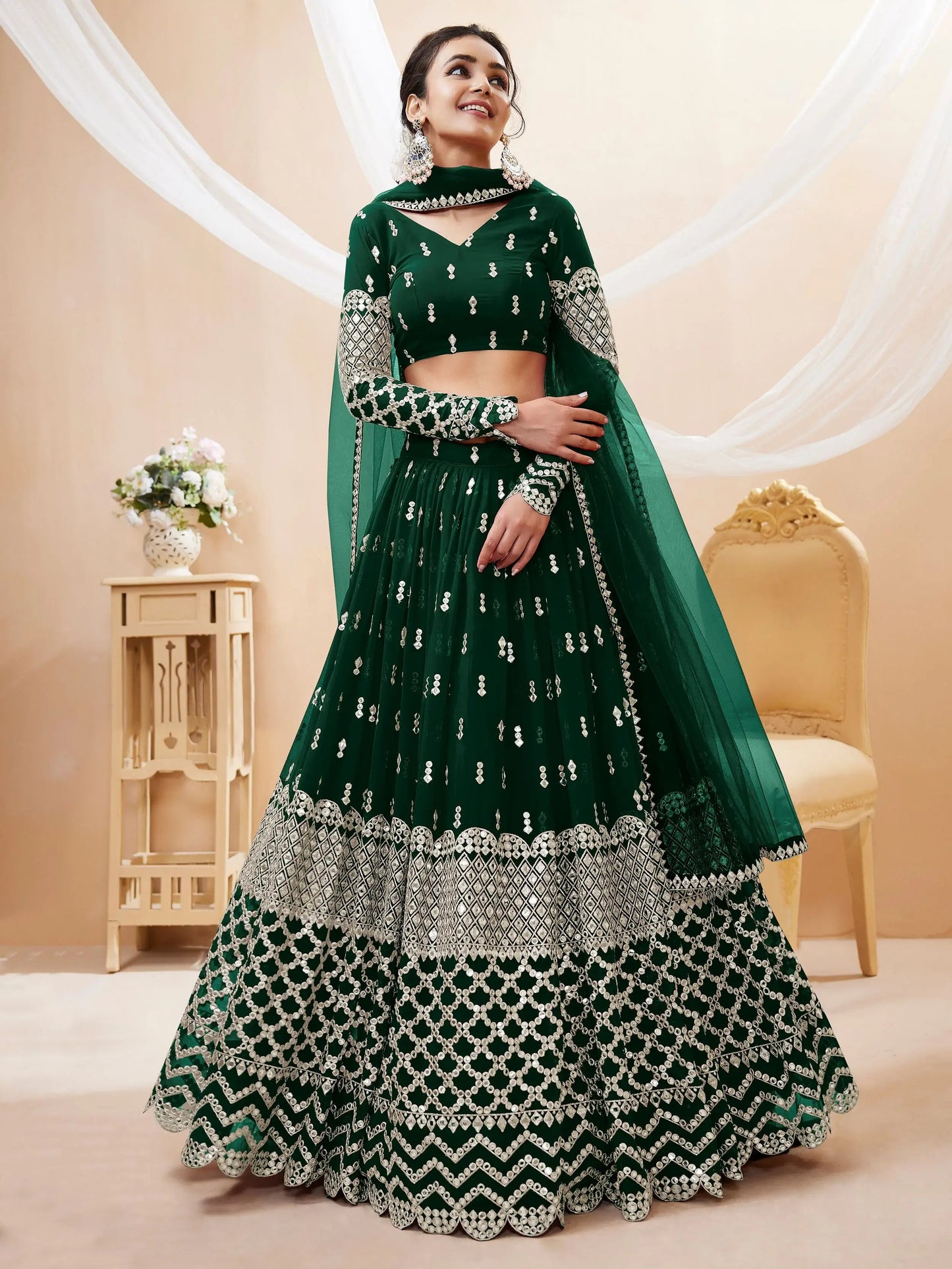 Attractive Green Sequins Georgette Mehendi Wear Lehenga Choli - Zeel Clothing