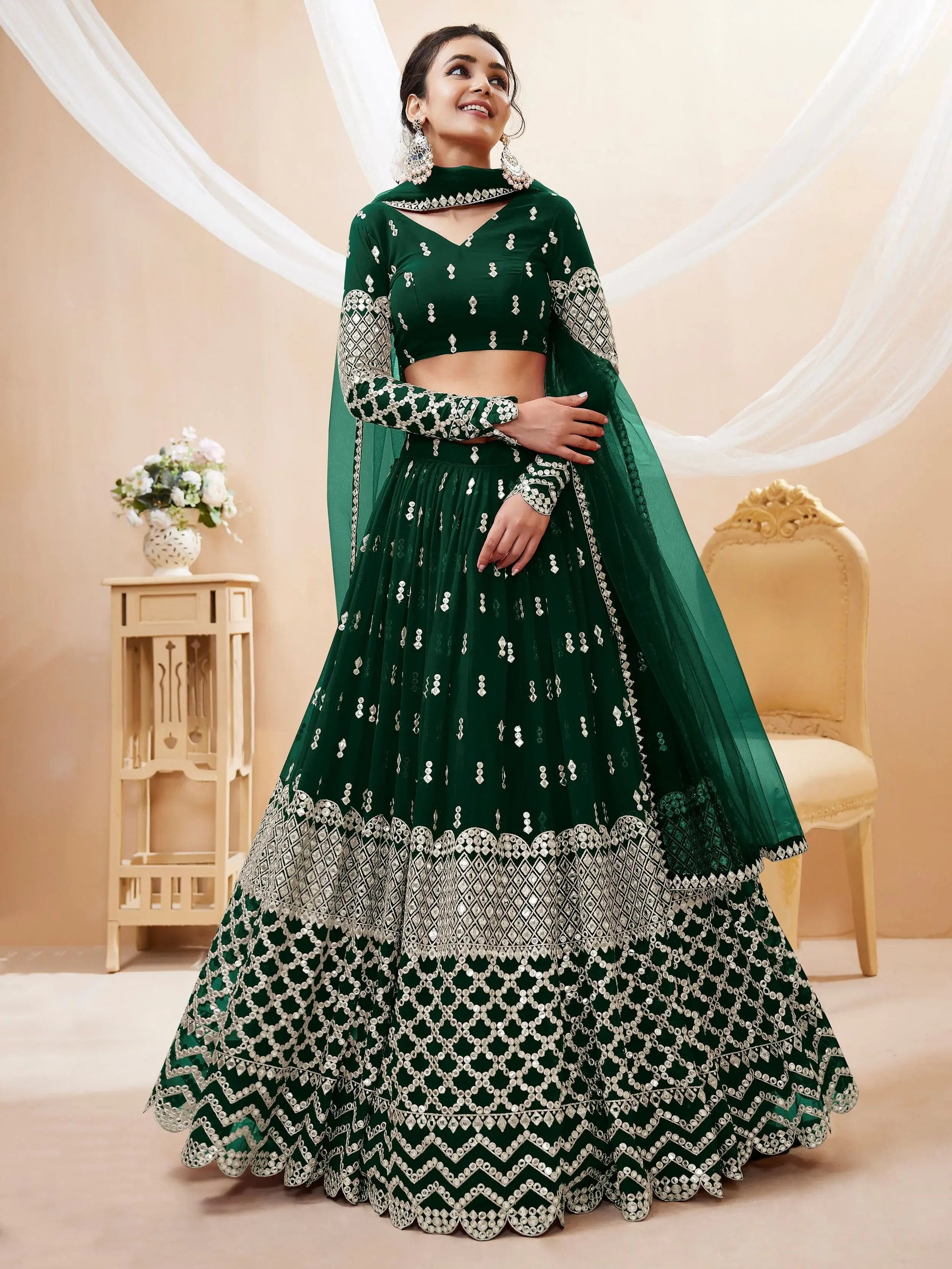 Attractive Green Sequins Georgette Mehendi Wear Lehenga Choli - Zeel Clothing