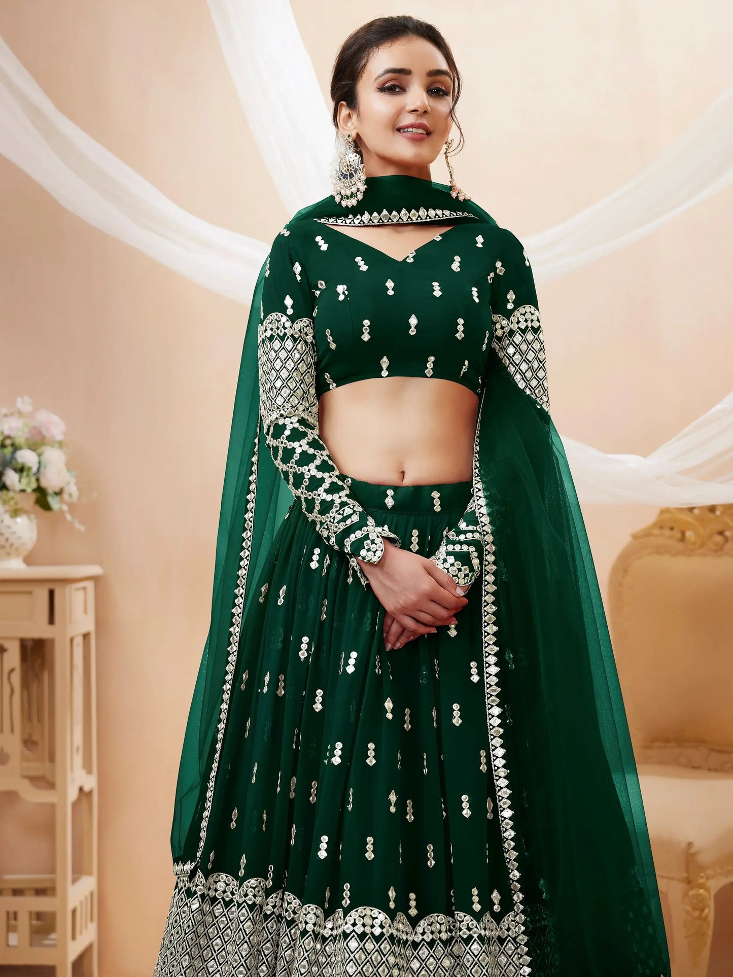 Attractive Green Sequins Georgette Mehendi Wear Lehenga Choli - Zeel Clothing