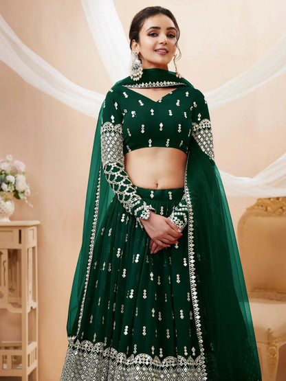 Attractive Green Sequins Georgette Mehendi Wear Lehenga Choli - Zeel Clothing