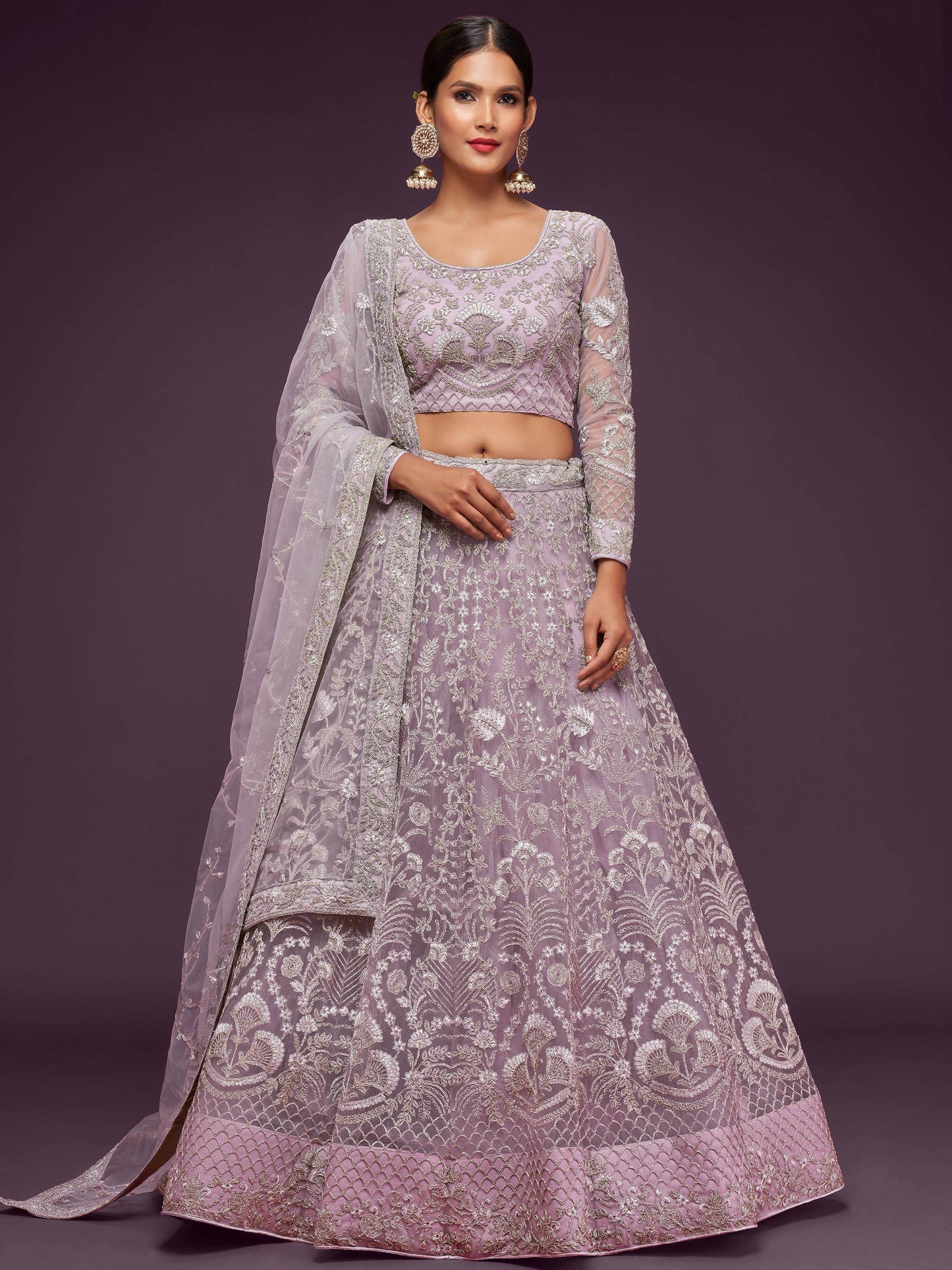 Attractive Lilac Embroidered Soft Net Wedding Wear Lehenga Choli - Zeel Clothing