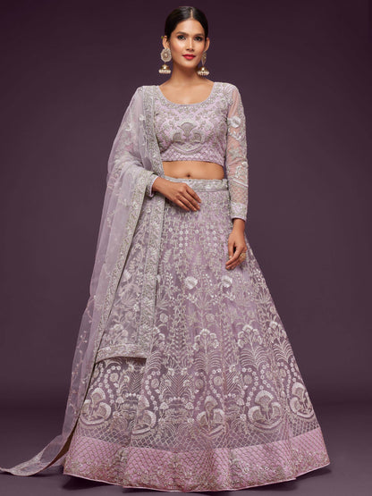 Attractive Lilac Embroidered Soft Net Wedding Wear Lehenga Choli - Zeel Clothing
