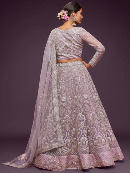 Attractive Lilac Embroidered Soft Net Wedding Wear Lehenga Choli - Zeel Clothing