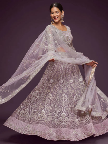 Attractive Lilac Embroidered Soft Net Wedding Wear Lehenga Choli - Zeel Clothing