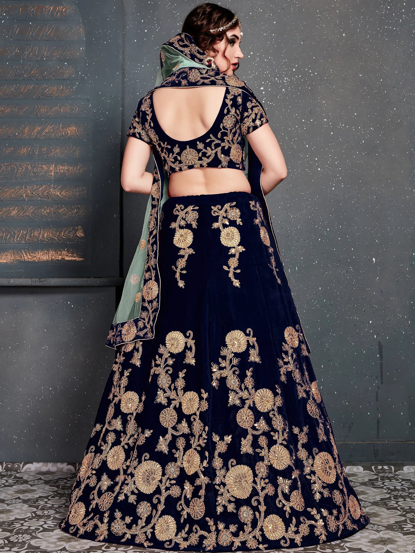 Attractive Navy Blue Zari Embroidered Velvet Wedding Lehenga Choli - Zeel Clothing