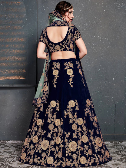 Attractive Navy Blue Zari Embroidered Velvet Wedding Lehenga Choli - Zeel Clothing