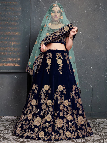 Attractive Navy Blue Zari Embroidered Velvet Wedding Lehenga Choli - Zeel Clothing