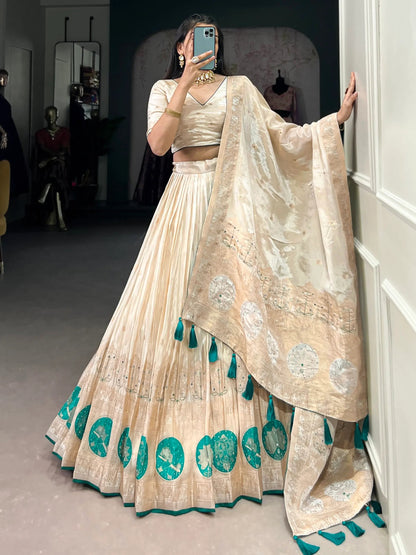 Attractive Off-White Bead Work Silk Designer Lehenga Choli With Dupatta - Zeel Clothing