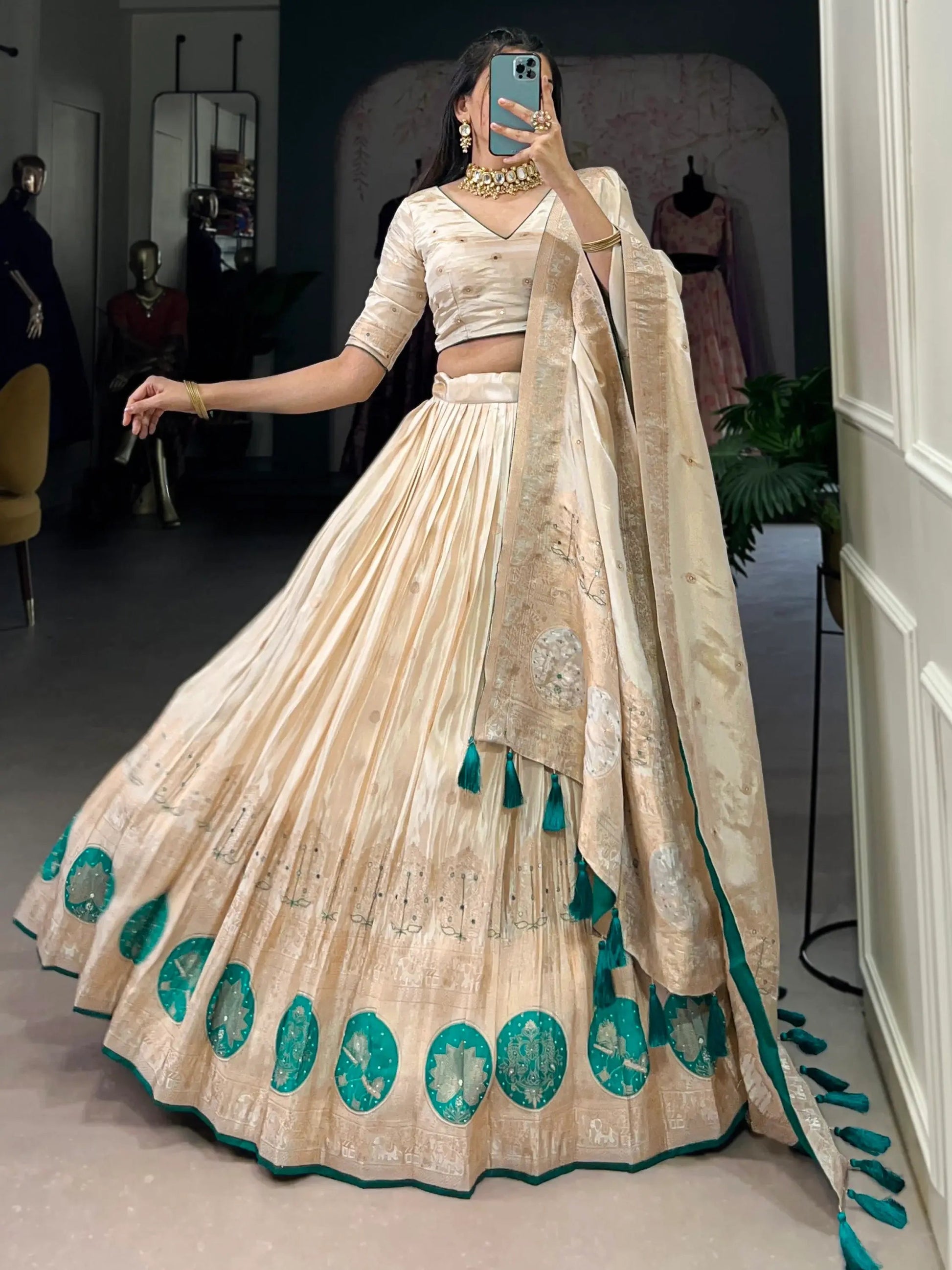 Attractive Off-White Bead Work Silk Designer Lehenga Choli With Dupatta - Zeel Clothing