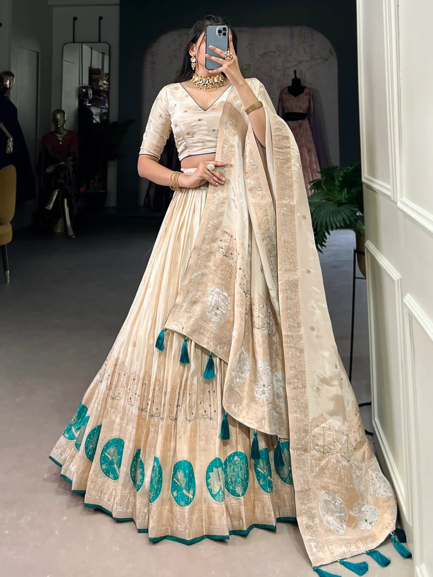 Attractive Off-White Bead Work Silk Designer Lehenga Choli With Dupatta - Zeel Clothing