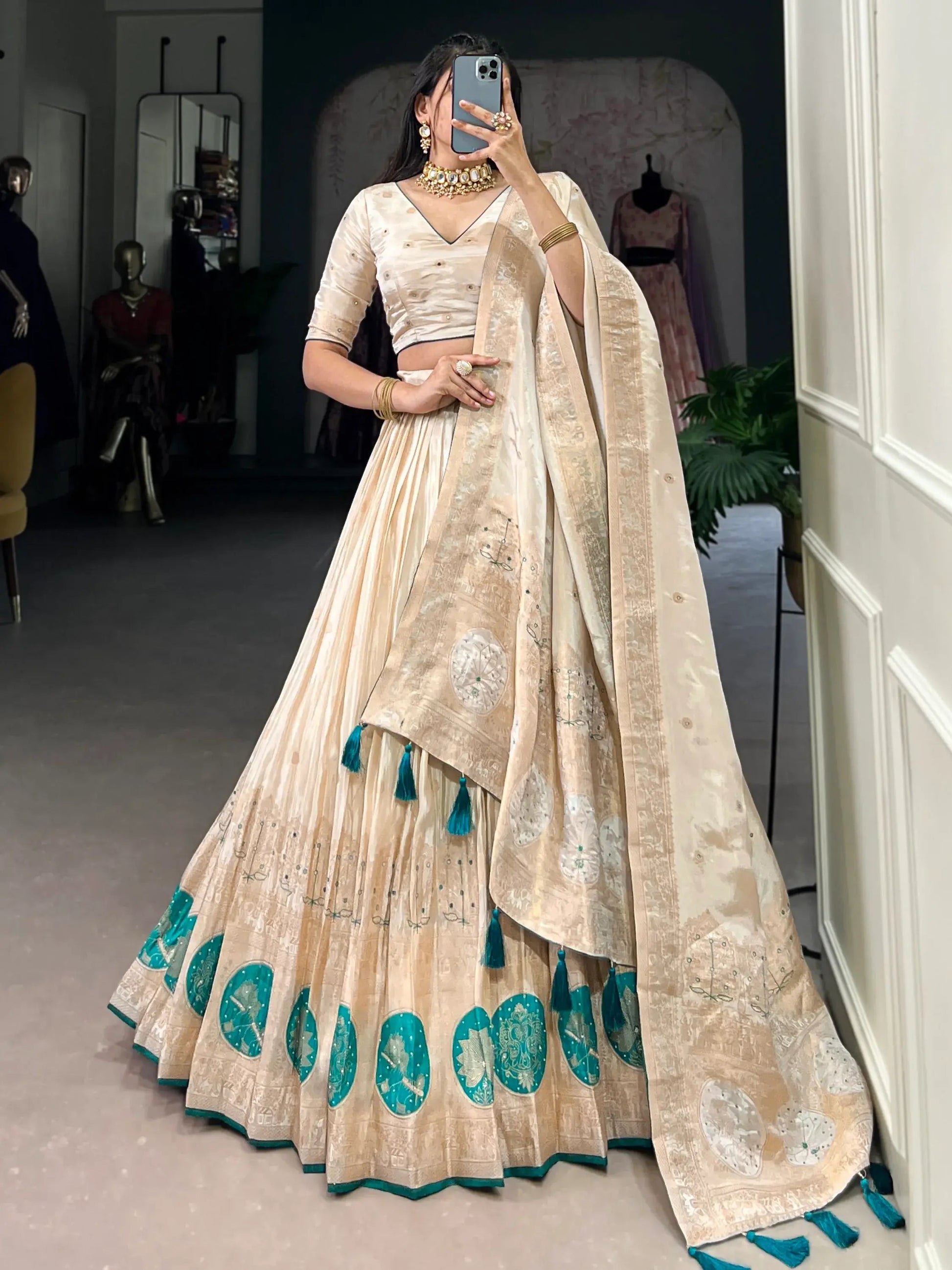 Attractive Off-White Bead Work Silk Designer Lehenga Choli With Dupatta - Zeel Clothing