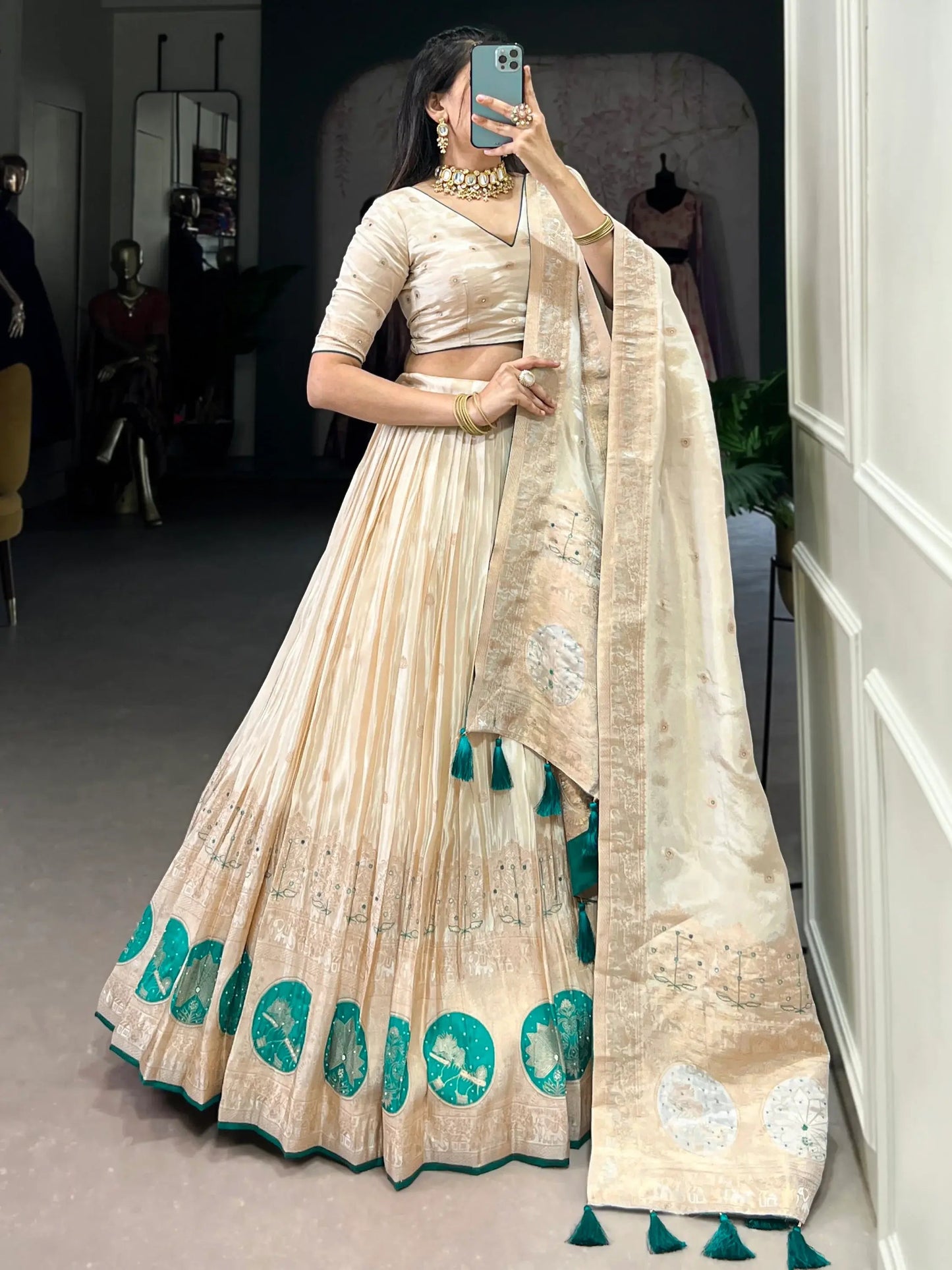 Attractive Off-White Bead Work Silk Designer Lehenga Choli With Dupatta - Zeel Clothing
