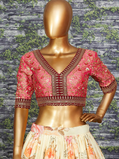 Attractive Off White Floral Printed Organza Wedding Wear Lehenga Choli - Zeel Clothing