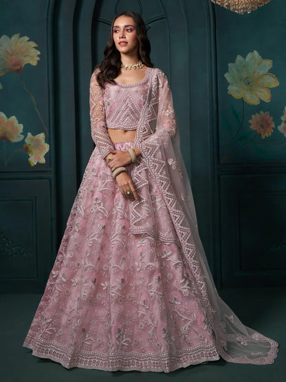 Attractive Pink Embroidered Net Bridesmaid Lehenga Choli - Zeel Clothing