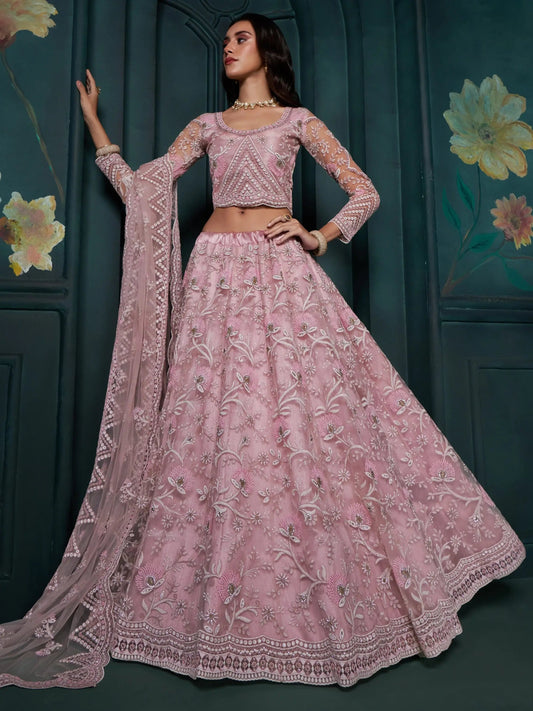 Attractive Pink Embroidered Net Bridesmaid Lehenga Choli - Zeel Clothing