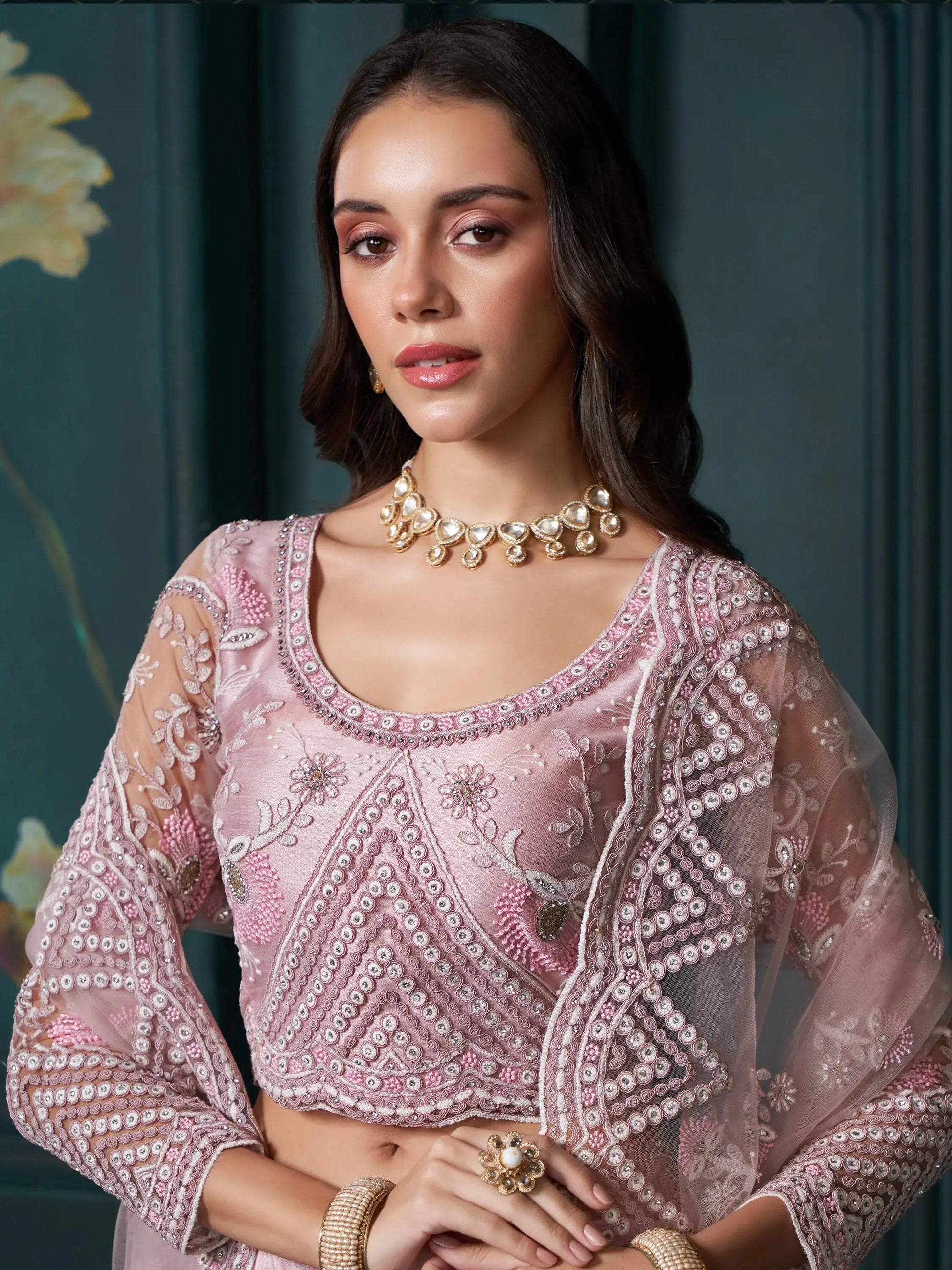 Attractive Pink Embroidered Net Bridesmaid Lehenga Choli - Zeel Clothing