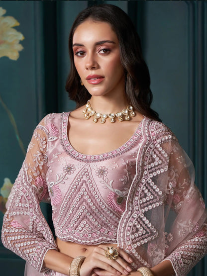 Attractive Pink Embroidered Net Bridesmaid Lehenga Choli - Zeel Clothing