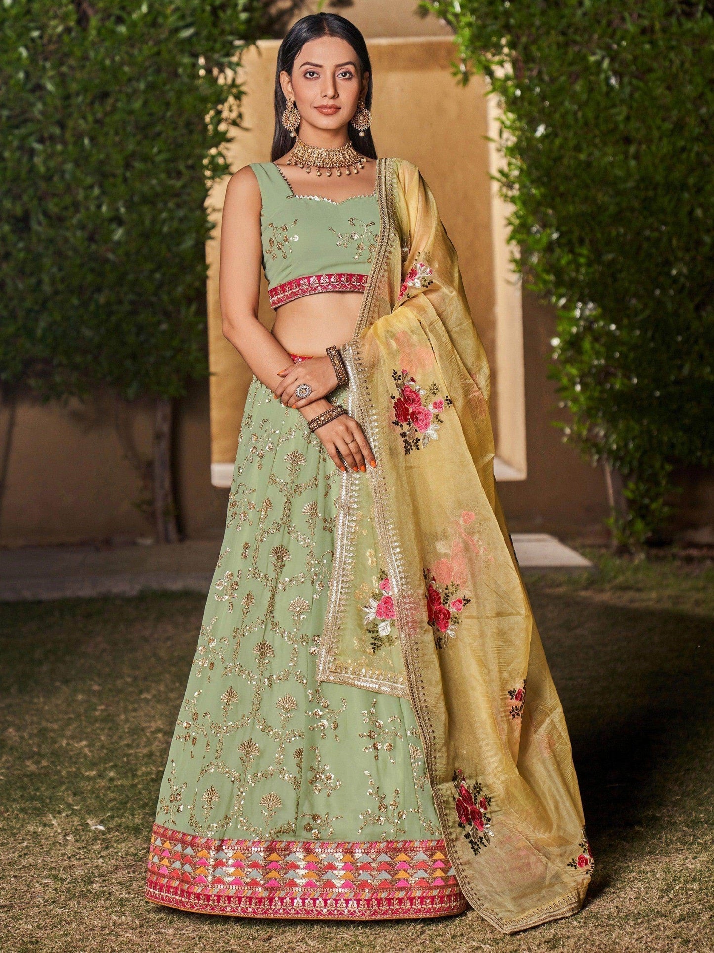 Attractive Pista Green Sequins Georgette Lehenga Choli With Dupatta - Zeel Clothing