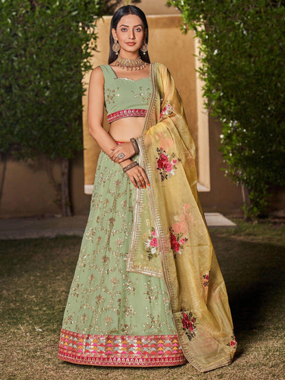Attractive Pista Green Sequins Georgette Lehenga Choli With Dupatta - Zeel Clothing