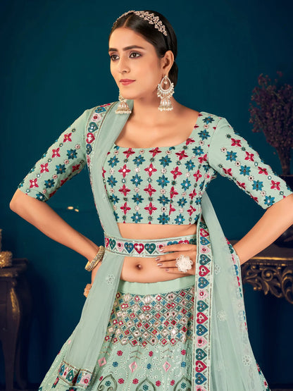 Attractive Pista Green Thread Embroidered Georgette Lehenga Choli - Zeel Clothing