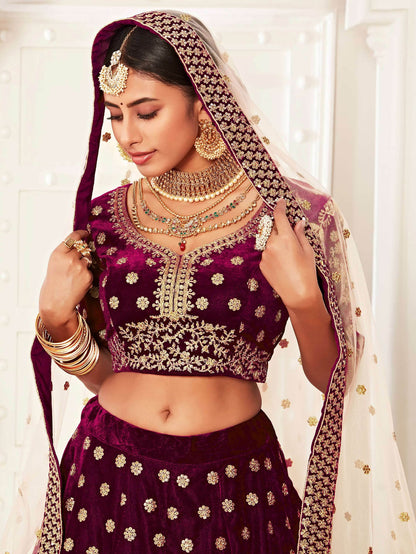 Attractive Purple Embroidered Velvet Bridal Wear Lehenga Choli - Zeel Clothing