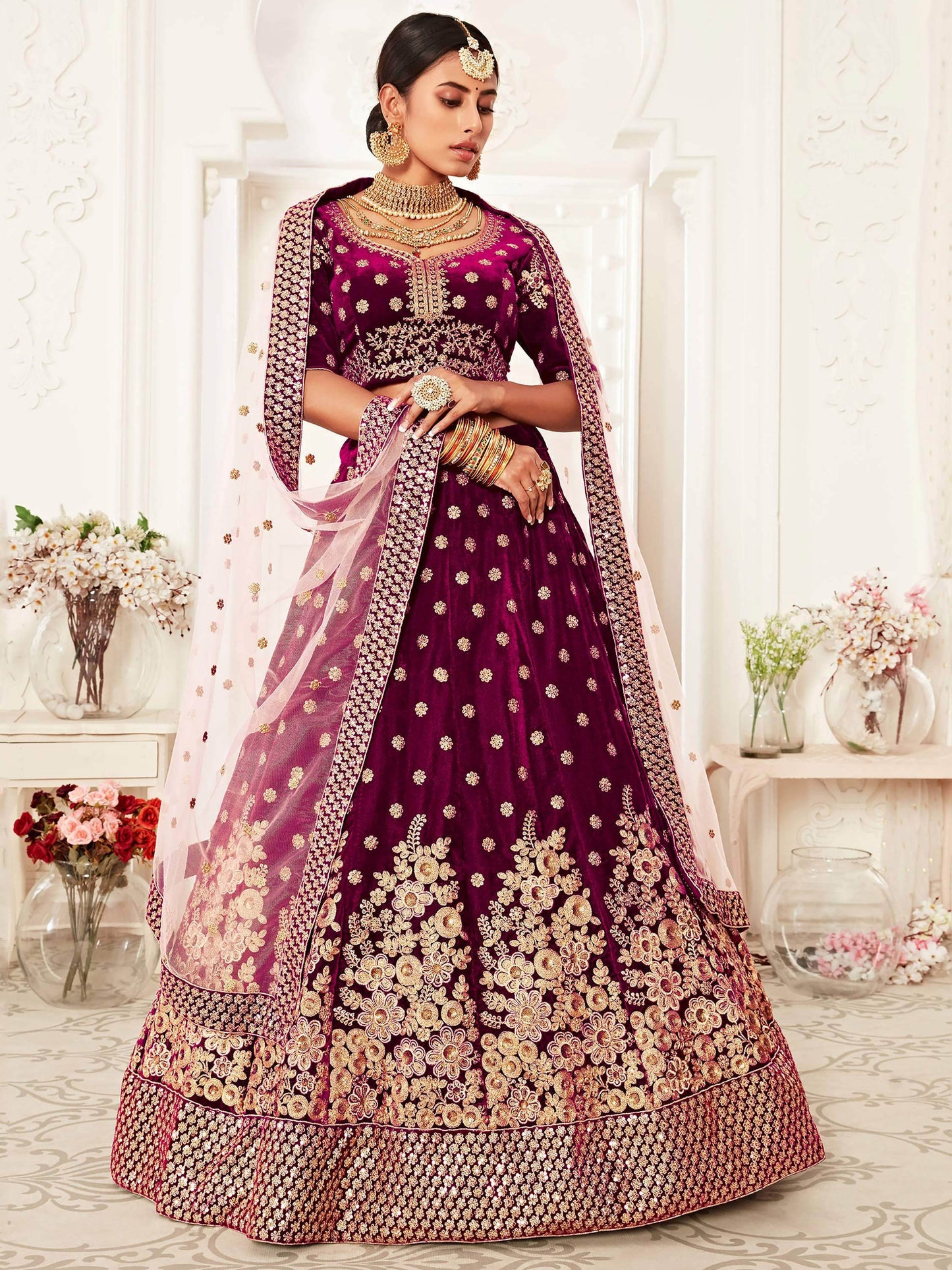 Attractive Purple Embroidered Velvet Bridal Wear Lehenga Choli - Zeel Clothing