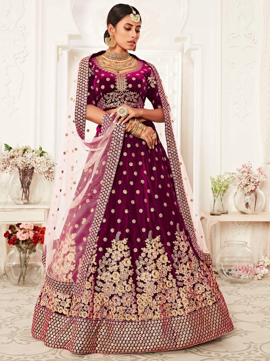 Attractive Purple Embroidered Velvet Bridal Wear Lehenga Choli - Zeel Clothing