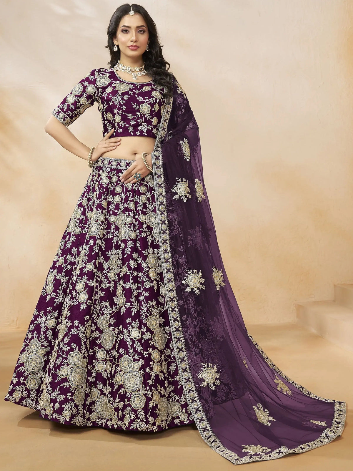 Attractive Purple Sequins Work Silk Reception Wear Lehenga Choli - Zeel Clothing