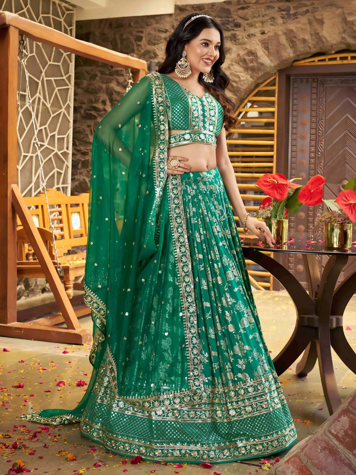 Attractive Rama Green Mehendi Wear Golden Zari Lehenga Choli - Zeel Clothing
