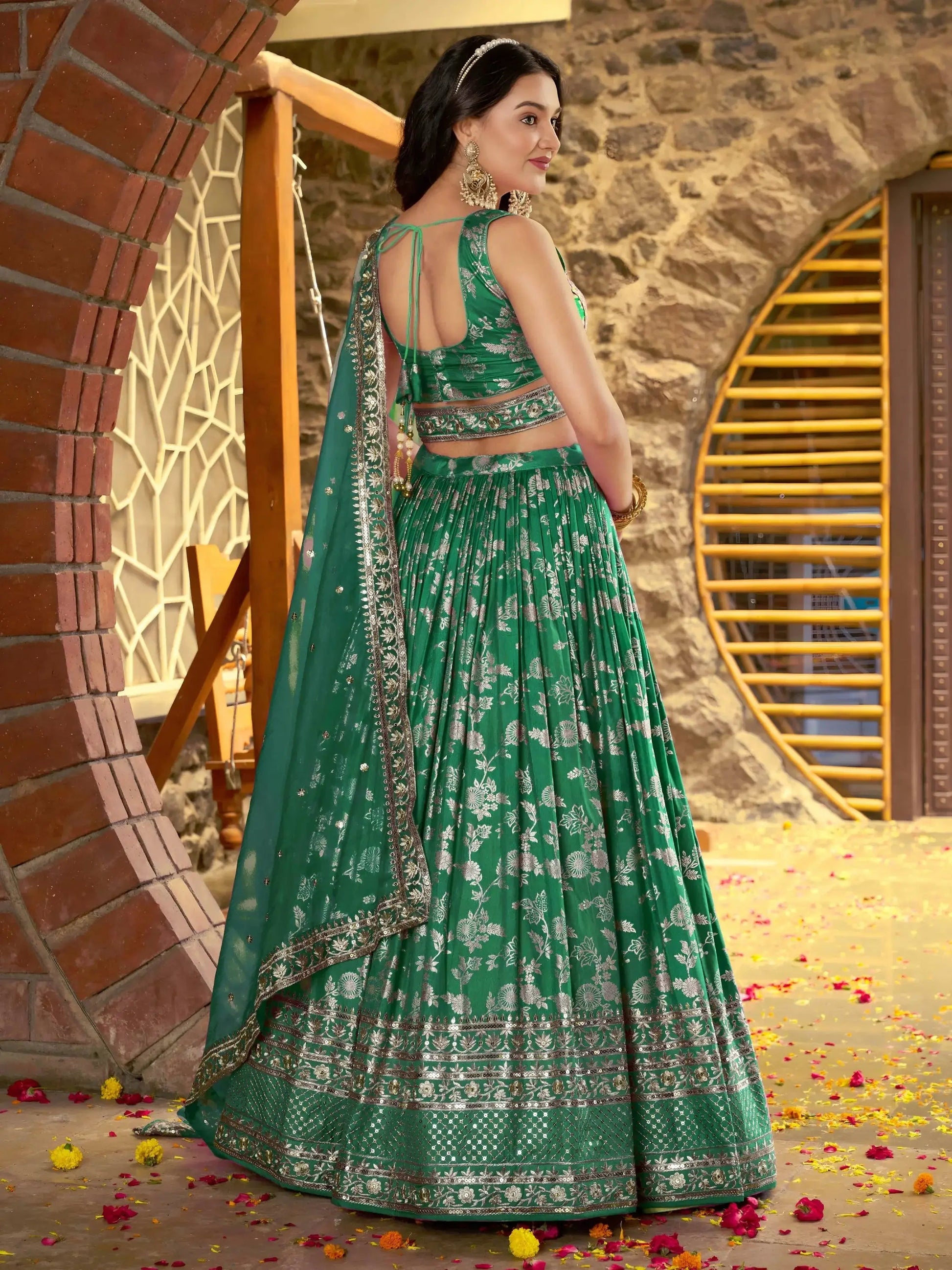Attractive Rama Green Mehendi Wear Golden Zari Lehenga Choli - Zeel Clothing