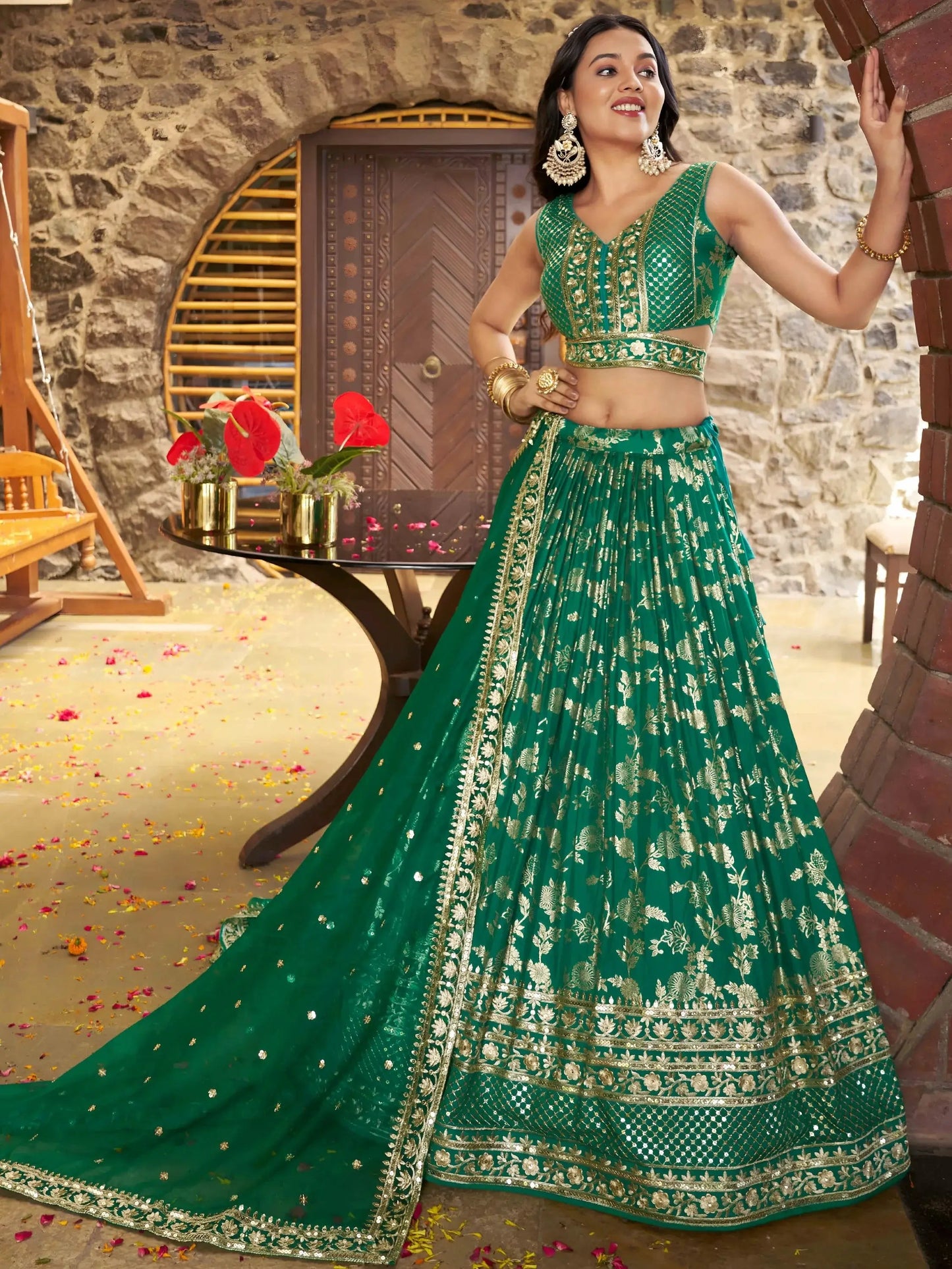 Attractive Rama Green Mehendi Wear Golden Zari Lehenga Choli - Zeel Clothing