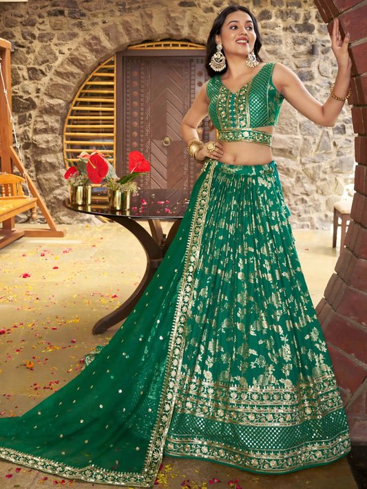Attractive Rama Green Mehendi Wear Golden Zari Lehenga Choli - Zeel Clothing