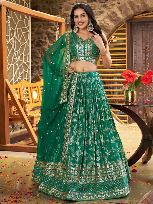 Attractive Rama Green Mehendi Wear Golden Zari Lehenga Choli - Zeel Clothing