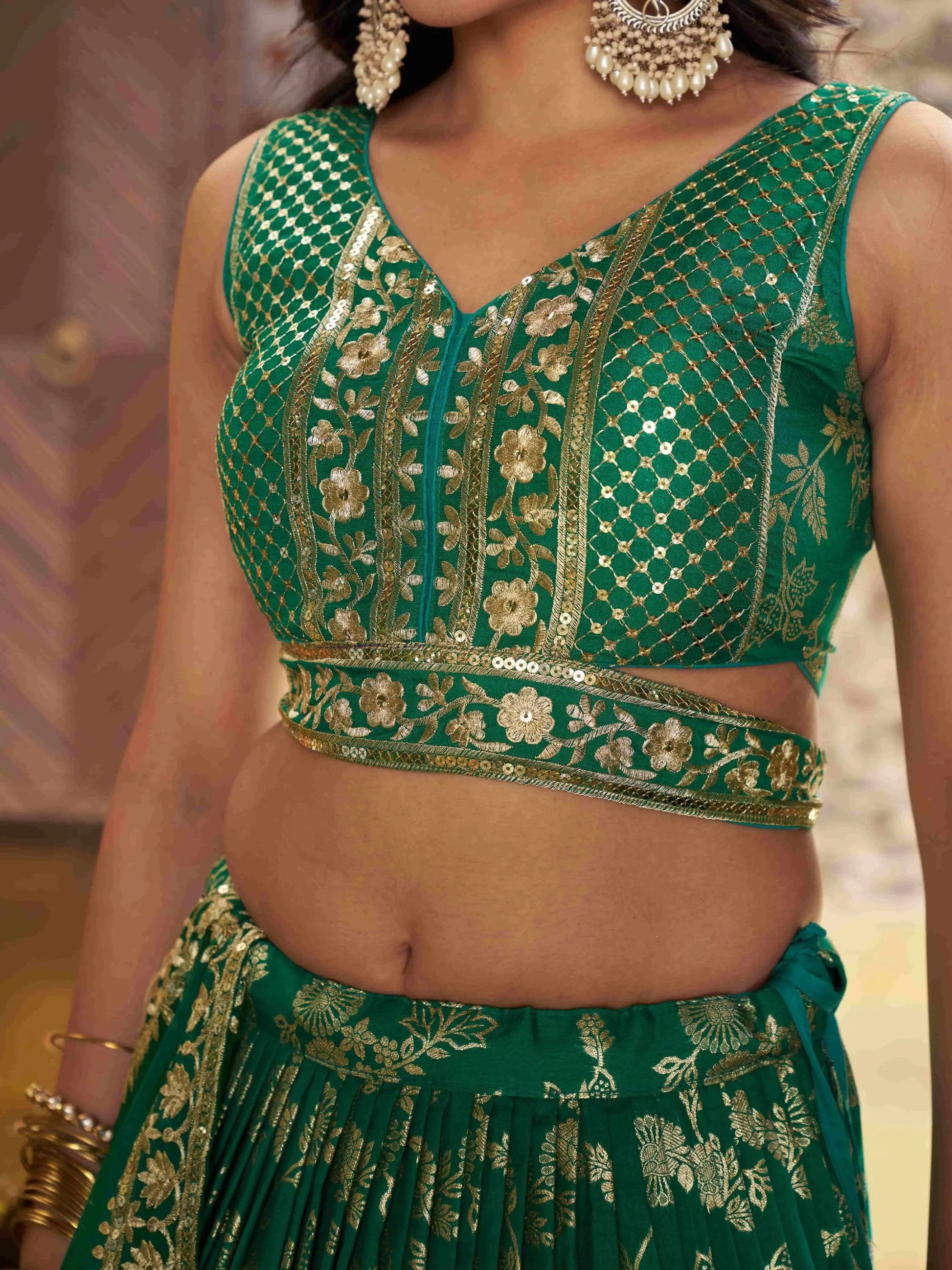 Attractive Rama Green Mehendi Wear Golden Zari Lehenga Choli - Zeel Clothing