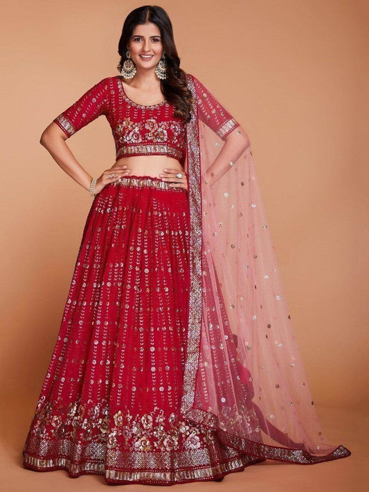 Attractive Red Sequins Georgette Wedding Wear Lehenga Choli With Dupatta - Zeel Clothing