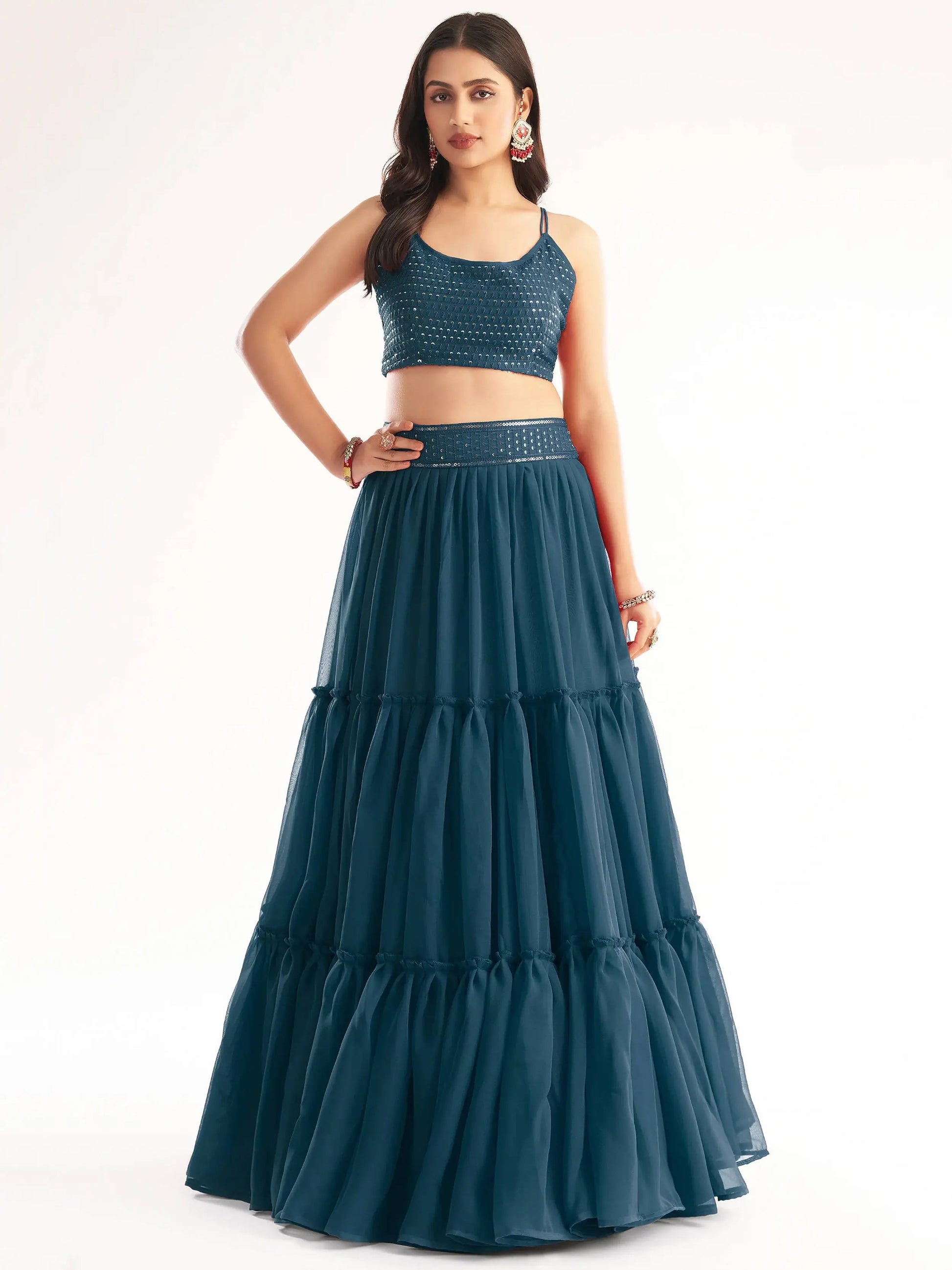 Attractive Teal Blue Sequins Georgette Reception Wear Lehenga Choli - Zeel Clothing