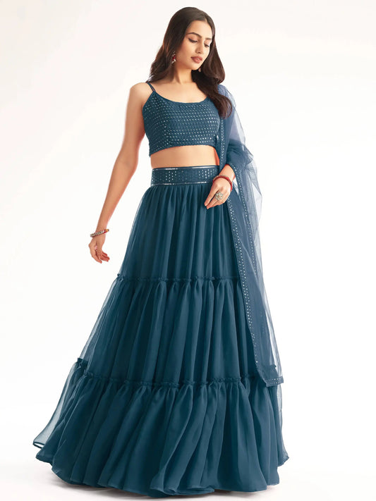 Attractive Teal Blue Sequins Georgette Reception Wear Lehenga Choli - Zeel Clothing