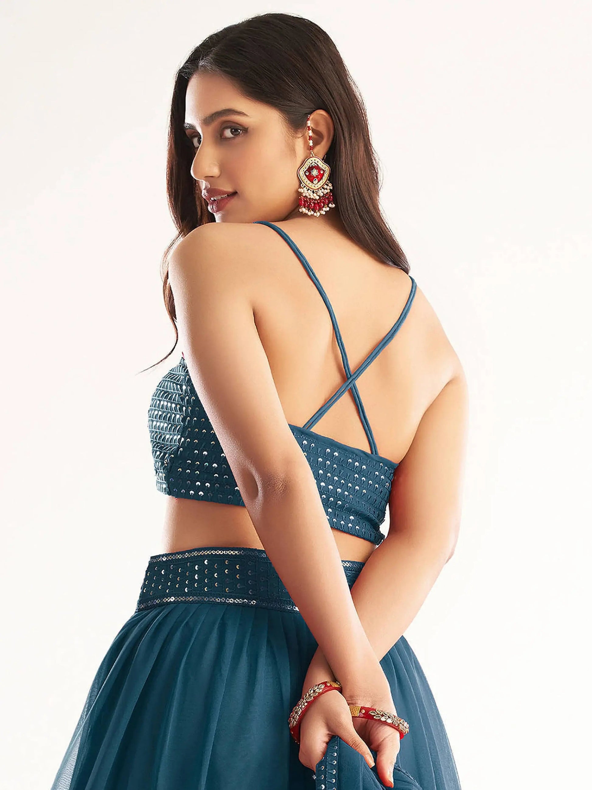 Attractive Teal Blue Sequins Georgette Reception Wear Lehenga Choli - Zeel Clothing