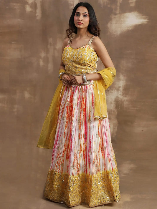 Attractive White & Yellow Sequins Chinon Haldi Wear Lehenga Choli - Zeel Clothing